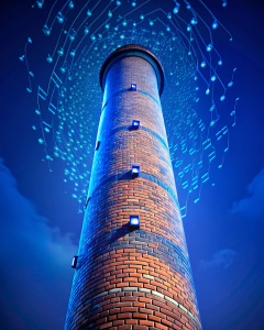 chaminé cilindrica fina e alta, de tijolos azuis metálicos, sem fumaça, soltando partitura mausical pelo topo, a noite, tudo azul