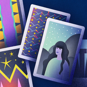 Collage featuring a woman with long dark hair. Various 90s inspired backgrounds including MTV logos and vibrant patterns.