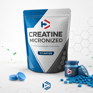 Digital ad featuring Creatine Micronized supplement from Dymatize. Vibrant blue and grey packaging. Clear call-to-action for online purchase.