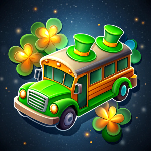 A sticker of a school bus adorned with shamrocks and leprechaun hats, carrying excited children to a St. Patrick's Day celebration, with a strong white border, solid grey background..