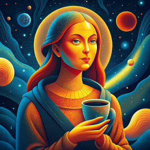 young modern mona lisa drinking coffee in space