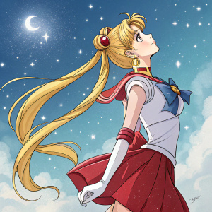 Anime illustration of Sailor Moon. Character has long blonde hair tied in odango hairstyles. Wears red skirt and top with crescent moon emblem. Blue background with stars