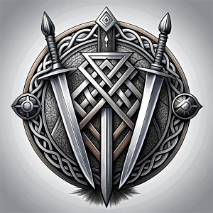 nordic sword and shield geometric symbols -  tattoo design - perfect realistic art - high-definition - grey and black - white background 