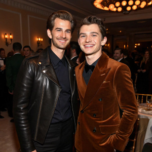 Andrew Garfield and Tom Holland attending a gala event. Garfield is smiling warmly in black leather jacket with dark shirt. Holland has a radiant smile in brown velvet suit. Guests are in formal wear, the room is lit by soft, warm lights