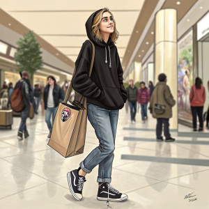 Kiernan Shipka in casual attire. Black hoodie, jeans, sneakers. Shopping mall, casual crowd in background.