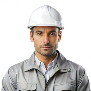 photograph of a man wearing a white construction helmet and a grey work jacket. front view. on white background