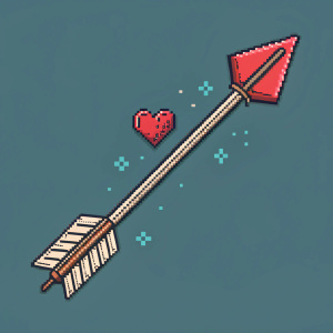 Pixel art of Cupid's arrow. Jagged, textured design along length. Distinctive red heart-like tip. Long and linear shape.