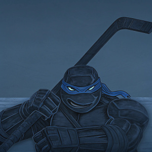 Leonardo, a Teenage Mutant Ninja Turtle, wielding a hockey stick in a fierce stance, against a neon green background
