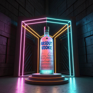 3D animation of Absolut Vodka. Neon bottle displays in a futuristic setting. Dark background with bold, colorful branding.