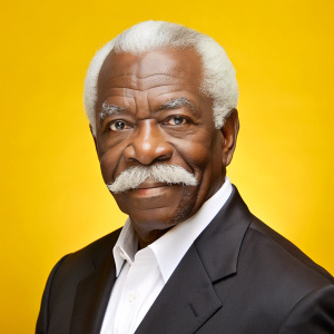 Elderly black man, Yellow background, white hair, white sideburns, white mustache, white dress shirt, black suit coat, facing right, head turned to the left, looking at the camera, no hair on chin