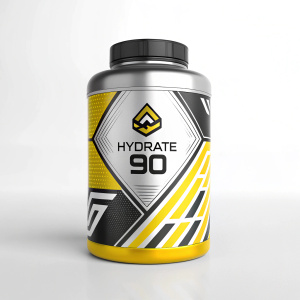 Hydrate 90 supplement packaging, a vibrant mix of silver, black, and yellow. The sleek, modern design features a prominent logo and geometric shapes. Targeted at athletes, the package highlights sporty and performance-oriented aesthetics. 3D illustration.