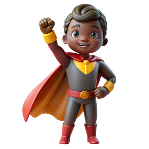 Full body portrait, Brave heroic arm up and powerful superhero, dark skin kid wearing a cape. isolatet transparent background