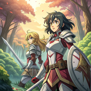 Digital illustration featuring two female warriors from the Symphogear series. The character with dark hair stands in front, showing determination. Behind her, a blonde-haired companion exudes confidence. The setting is a vibrant, lush forest with hues of green and warm tones.