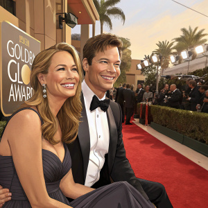 Harry Connick Jr. and Jill Goodacre at the Golden Globe Awards. They are seated on a red carpet, smiling for the cameras.