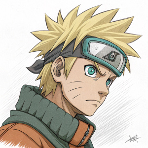 Sketch of Naruto, intense expression, spiky blonde hair, teal goggles. Rough hand drawn style, plain white background with sketchy lines.