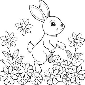 simple black and white coloring book page of A bunny hopping through flowersColoring page, line art, black lines, white background, coloring book page. 