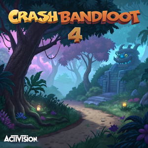 A vibrant jungle level from Crash Bandicoot 4. Dense foliage, winding paths, and an ominous ancient creature with blue tusks. The screen is dominated by shades of green, blue, and purple. Activision and game title visible.