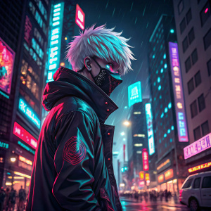 Ken Kaneki from Tokyo Ghoul, standing in a vibrant cityscape at night. Neon lights reflecting off his mask and spiky hair. Digital art
