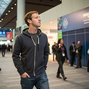 Mark Zuckerberg, wearing casual hoodie and jeans. Outside in tech conference area with people walking around