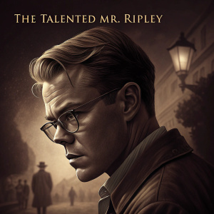 Movie poster for 'The Talented Mr. Ripley'. Matt Damon's face in close-up, sepia toned. Dark and moody atmosphere.