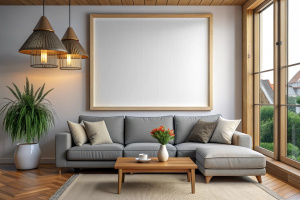 Frame mockup, ISO A paper size. Living room wall poster mockup. Interior mockup with house background. Modern interior design.