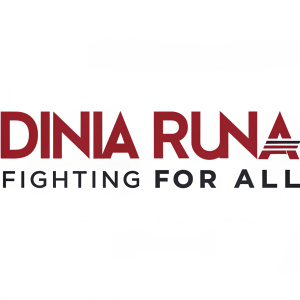 Dynamic logo for Dinia Runa. Bold white background with the name 'Dinia Runa' in large, striking font. Subtle red text 'Fighting for All' beneath. Modern and impactful design.