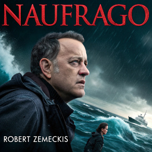 Film poster for 'Naufrago'. Directed by Robert Zemeckis. Features Tom Hanks and Helen Hunt. Dark, stormy ocean setting. Predominantly black, blue and red hues.