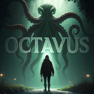 Digital movie poster for 'Octavus'. An eerie greenish hue with a monstrous octopus-like creature in the spotlight against a dark backdrop.