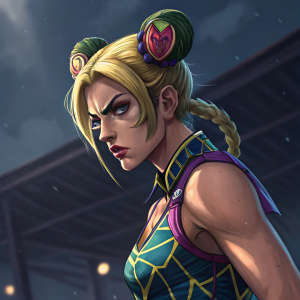Digital artwork featuring Jolyne Kujo from Jojo's Bizarre Adventure. Dramatic pose, vivid colors. Jolyne with a fierce look, blonde hair adorned with a whimsical accessory, and a colorful, patterned outfit. Dark, shadowy background.