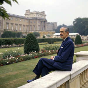 Former UK Prime Minister Sir Anthony Eden seated on a marble bench. Dressed in a tailored navy suit. Attending a garden party at Buckingham Palace.