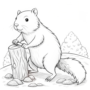 Beaver building a dam, simple outline and shapes of A coloring page, coloring book page, no colors, black and white, ,no drawing inside , white background , line only