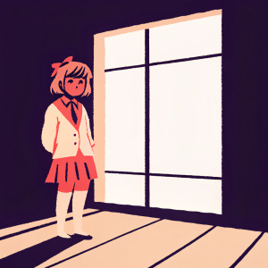 A digital illustration of Sayori from Doki Doki Literature Club! standing in a dimly lit room. A window frame casts a soft light on her face