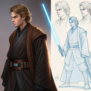 Concept art showcasing different iterations of Anakin Skywalker from Star Wars. Right side features detailed illustration of Anakin, while left side displays sketches in varying art styles and angles.