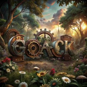 STEAMPUNK   word "gKo-ack-ack-ack, ko-ack-ack-ack  "   forest flowers, 