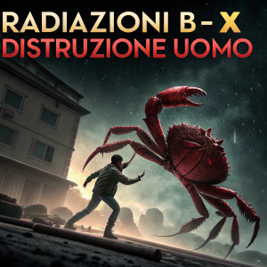 Movie poster for 'Radiazioni B-x Distruzione Uomo'. Features large, menacing red crab-like creature towering over a human figure in dynamic action pose. Dark and dramatic background, with bold title in Italian.