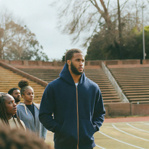 Colin Kaepernick, with a high-top fade haircut, in a blue hoodie. Standing on a sports field during a protest