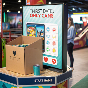 Interactive game scene for 'Thirst Date: OnlyCans'. A digital menu displaying various Shize items, a big virtual cardboard box, and a 'Start Game' button.