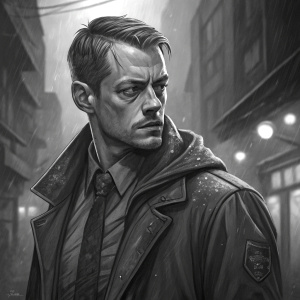 Joel Kinnaman as Takeshi Kovacs from Altered Carbon. Rough sketch with grayscale tones. Sci-fi setting