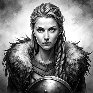 shieldmaiden perfect realistic art, high-definition, high-definition grey and black, white background 