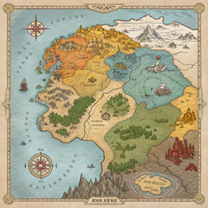 Fantasy map of Azeroth from Warcraft. Vibrant colors, detailed locations including Stormwind, Northern Kalimdor, and Central Kalimdor. Hand-drawn style.