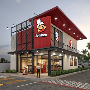 A detailed 3D rendering of Jollibee restaurant, featuring modern design elements and vibrant red accents. The facade showcases the iconic cartoon logo with a cheerful expression. The entrance is prominently displayed with a small figure standing nearby, possibly an employee or mascot. The clean aesthetic with bold colors and clear branding makes the restaurant easily recognizable. Subtle lighting and shading emphasize the structure and branding, highlighting the red and dark tones used for the roof and structural elements.