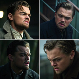 Leonardo DiCaprio, captured in various film moments. Angry, sad, and intense expressions. Dark and moody aesthetic, focusing on his face. Collage style.