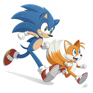 Sonic the Hedgehog and Tails, characters from the video game series, in an action-packed scene. Sonic, the blue hedgehog, in a mid-jump pose. Tails, the orange-furred fox, flying with his twin-tails.