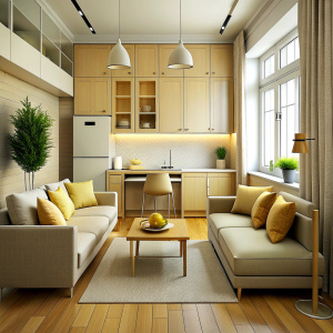 Interior design for young people,kitchen living room 30 square meters. in beige tones