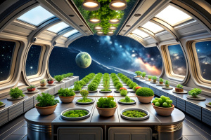 Craft an image of a space habitat with advanced hydroponic gardens, providing a sustainable source of food for its inhabitants.