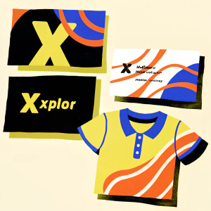 Promotional materials for Xplor. Includes a sleek logo featuring an X, custom business cards, and an athletic t-shirt with a vibrant yellow trim. Design elements are predominantly black and white with accents of yellow.