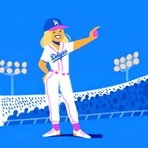 Becca Tilly, wearing a Dodgers jersey and baseball cap, posing cheerfully in a vibrant stadium setting.