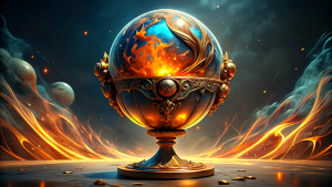 A glass globe with a fire inside sitting on top of a elegant golden goblet, refracted colored lights, black background, fog