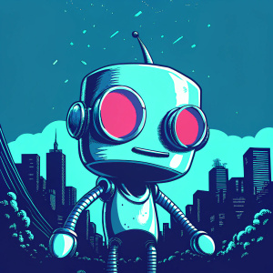 GIR, the quirky robot character from Invader ZIM, metallic body, large red eyes, posed against a bustling cityscape at night.
