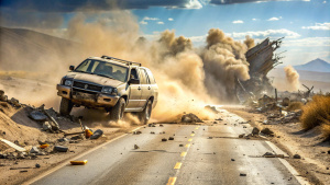vechiles accidents on road, distoried road and vechile fully dust and particls 